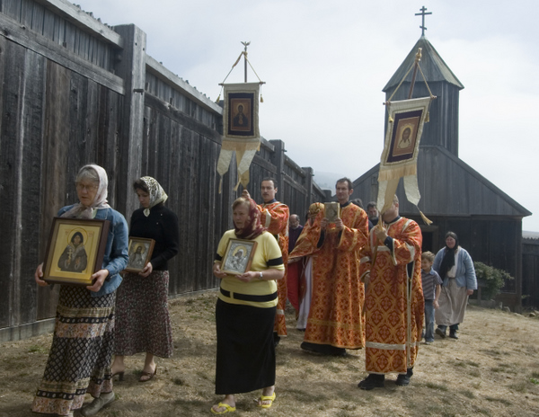 Procession from the Fort Ross chapel to the cemetery.