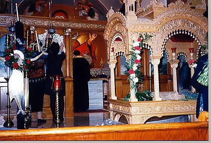 Good Friday, April, 1998. Decorating the kouvouklion and church interior