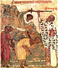 St. Nicholas stops an execution.  Traditional icon.